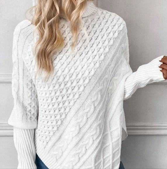 Turtleneck Batwing Sleeve Asymmetrical Hem Cable Knit Poncho - Picture 2 of 6